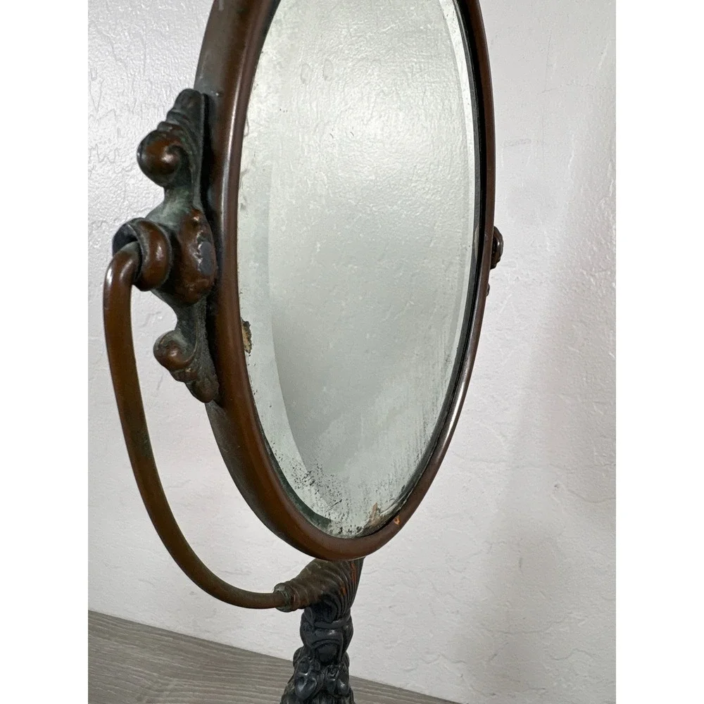 Antique Victorian Art Nouveau Style Cast Metal Swivel Vanity Mirror Ornate Oval